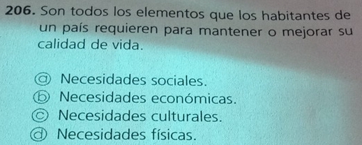 Son todos los elementos que los habitantes de
un país requieren para mantener o mejorar su
calidad de vida.
Necesidades sociales.
Necesidades económicas.
a Necesidades culturales.
Necesidades físicas.