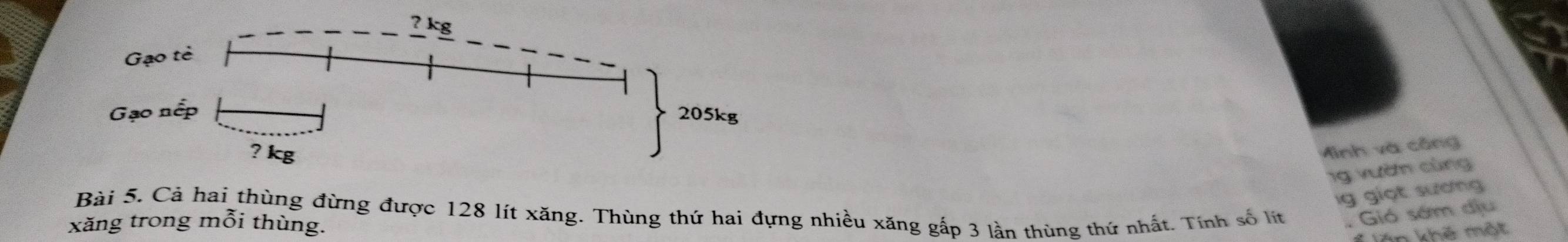 ? kg
Gạo tẻ 
Gạo nếp 205kg
? kg
Minh và công
1g vườn cùng 
g giọt sương 
Bài 5. Cả hai thùng đừng được 128 lít xăng. Thùng thứ hai đựng nhiều xăng gấp 3 lần thùng thứ nhất. Tính số lít . Gió sớm dịu 
xăng trong mỗi thùng. 
T lần khế một