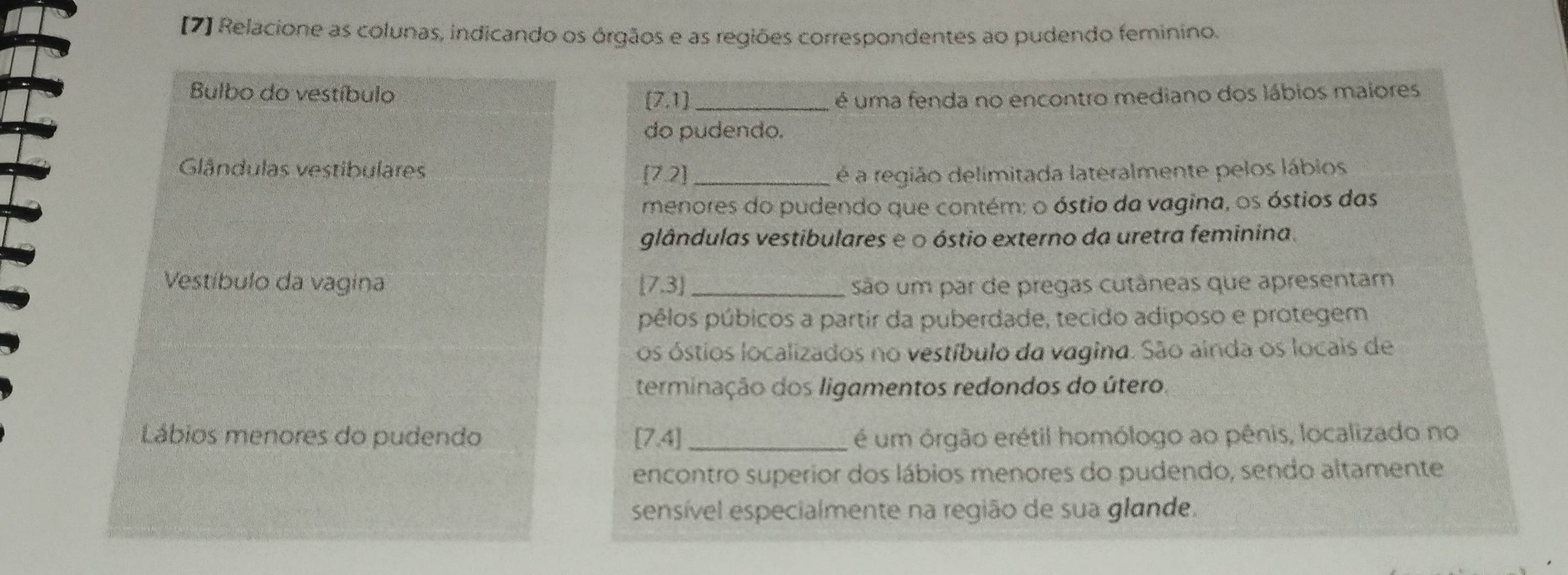 [7] Relacione as colunas, indicando os órgãos e as regiões correspondentes ao pudendo feminino. 
Bulbo do vestíbulo [7,1] _é uma fenda no encontro mediano dos lábios maiores 
do pudendo. 
Glândulas vestibulares [7.2] _é a região delímitada lateralmente pelos lábios 
menores do pudendo que contém: o óstio da vagina, os óstios das 
glândulas vestibulares e o óstio externo da uretra feminina. 
Vestíbulo da vagina [ 7.3] _são um par de pregas cutâneas que apresentam 
pélos púbicos a partir da puberdade, tecido adiposo e protegem 
os óstios localizados no vestíbulo da vagina. São ainda os locais de 
terminação dos ligamentos redondos do útero. 
Lábios menores do pudendo [7.4] _é um órgão erétil homólogo ao pênis, localizado no 
encontro superior dos lábios menores do pudendo, sendo altamente 
sensível especialmente na região de sua glande.