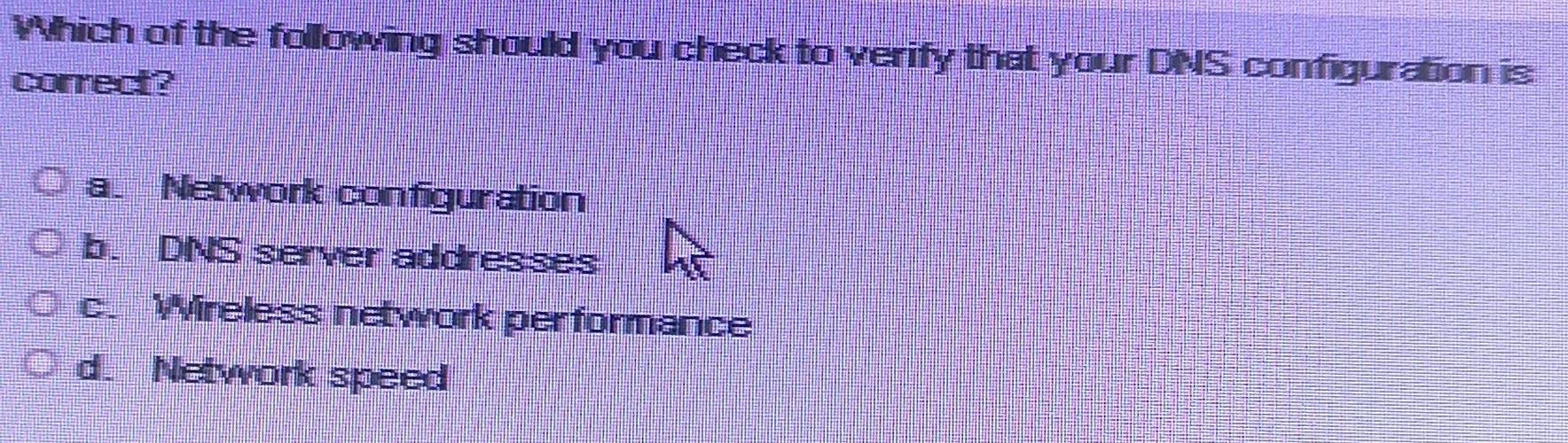 Which of the following should you check to verify that your DNS configuration is
correct?
a. Network configuration
b. DNS server addresses
c. Wireless network performance
d. Network speed