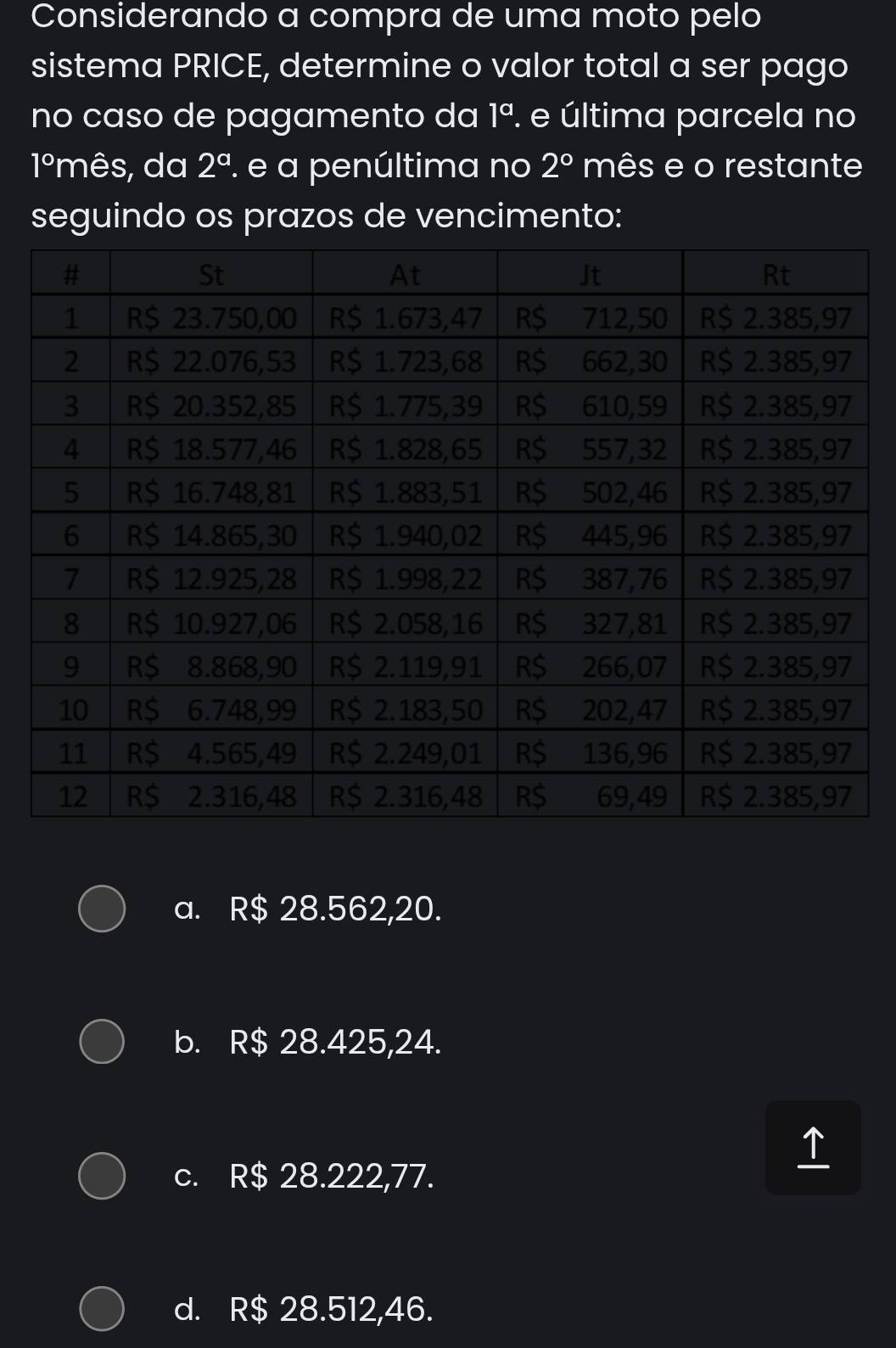 Considerando a compra de uma moto pelo
sistema PRICE, determine o valor total a ser pago
nº caso de pagamento da 1^a. . e última parcela no
1° mês, da 2^a. e a penúltima no 2° mês e o restante
seguindo os prazos de vencimento:
a. R$ 28.562,20.
b. R$ 28.425,24.
↑
c. R$ 28.222,77.
d. R$ 28.512,46.