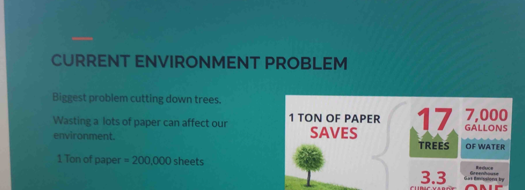 CURRENT ENVIRONMENT PROBLEM 
Biggest problem cutting down trees. 
Wasting a lots of paper can affect our
1 TON OF PAPER 17 7,000
GALLONS
environment. 
SAVES 
TREES OF WATER
1 Ton of paper =200,000 sheets 
Reduce 
Greenhouse
3.3 Gas Emissions by