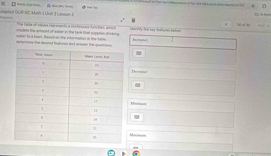 sfudent/67695f944adff6f7b016a108#screenid=575a14f4-fd53-4cc3-830bf4ee90141f57 
Wecll. Flus lsmo A. liue (Mrs. Terrol) New Tab 
dapted OUR NC Math 1 Unit 3 Lesson 2 At Boge 
Regreces 30 of 30 
( 
The table of values represents a continuous function, which Identify the key features below: 
models the amount of water in the tank that supplies drinking 
water to a town. Based on the information in the table, Increase I 
determine the desired features and answer the questions. 
Decrease: 
Minimum: 
Maximum: