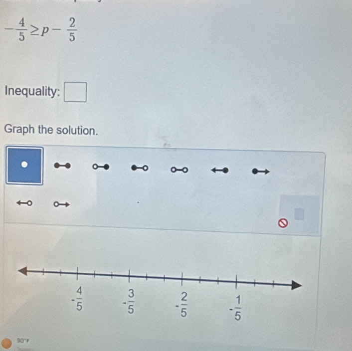 - 4/5 ≥ p- 2/5 
Inequality: □
Graph the solution.
.
o
。
90°F