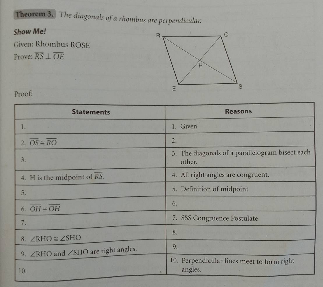 Theorem 3. The diagonals of a rhombus are perpendicular.
Show Me!
Given: Rhombus ROSE
Prove: overline RS⊥ overline OE
Proof: