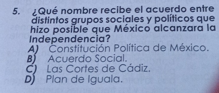 ¿Qué nombre recibe el acuerdo entre
distintos grupos sociales y políticos que
hizo posible que México alcanzara la
Independencia?
A) Constitución Política de México.
B) Acuerdo Social.
C) Las Cortes de Cádiz.
D) Plan de Iguala.