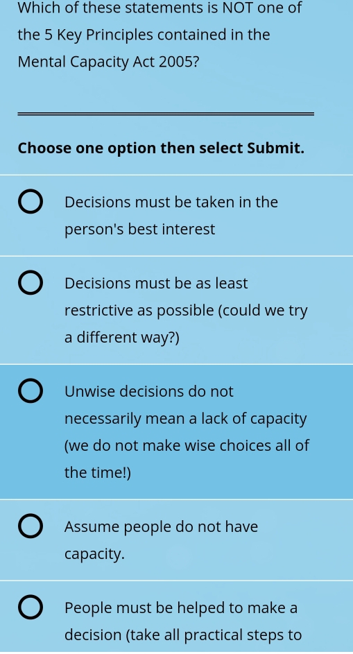 Which of these statements is NOT one of
the 5 Key Principles contained in the
Mental Capacity Act 2005?
Choose one option then select Submit.
Decisions must be taken in the
person's best interest
Decisions must be as least
restrictive as possible (could we try
a different way?)
Unwise decisions do not
necessarily mean a lack of capacity
(we do not make wise choices all of
the time!)
Assume people do not have
capacity.
People must be helped to make a
decision (take all practical steps to