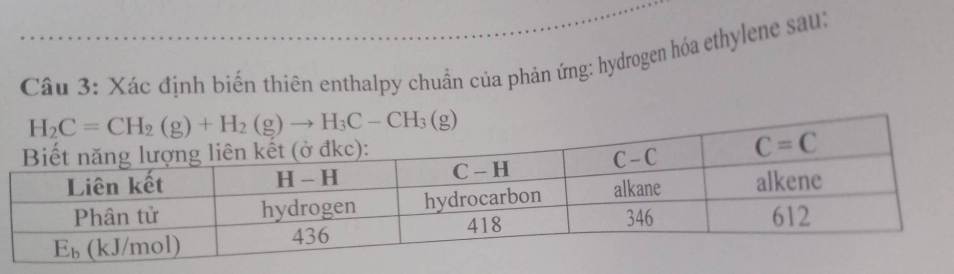 Xác định biến thiên enthalpy chuẩn của phản ứng: hydrogen hóa ethylene sau: