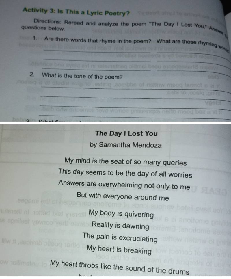 Solved: Activity 3: Is This a Lyric Poetry? Directions: Reread and ...