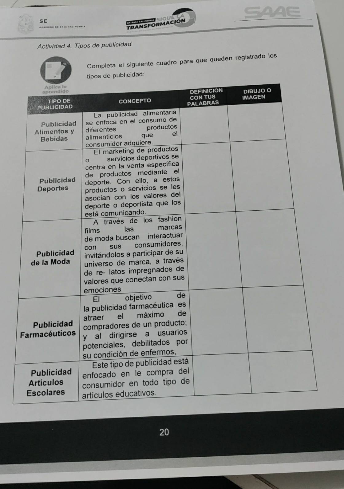 SE 
sIGUi 
SAAE 
TRANSFORMACIÓN 
Actividad 4. Tipos de publicidad 
Completa el siguiente cuadro para que queden registrado los 
d
20