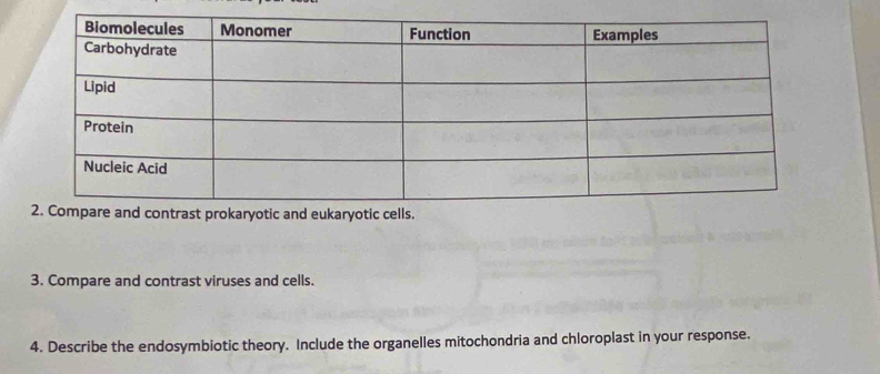 Compare and contrast viruses and cells. 
4. Describe the endosymbiotic theory. Include the organelles mitochondria and chloroplast in your response.