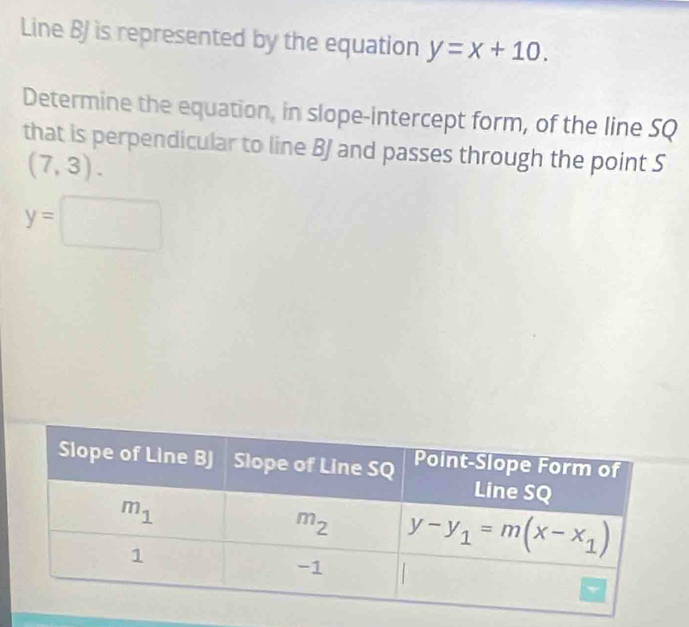 Line & is represented by the equation y=x+10.
Determine the equation, in slope-intercept form, of the line SQ
that is perpendicular to line BJ and passes through the point S
(7,3).
y=□