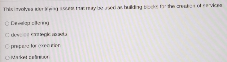 This involves identifying assets that may be used as building blocks for the creation of services
Develop offering
develop strategic assets
prepare for execution
Market definition