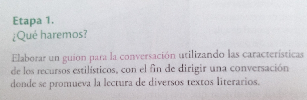 Etapa 1. 
¿Qué haremos? 
Elaborar un guion para la conversación utilizando las características 
de los recursos estilísticos, con el fin de dirigir una conversación 
donde se promueva la lectura de diversos textos literarios.