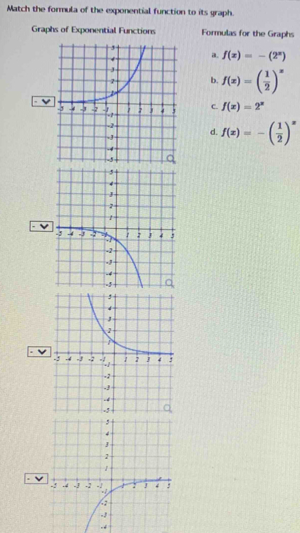 Match the formula of the exponential function to its graph.
Graphs of Exponential Functions Formulas for the Graphs
a. f(x)=-(2^x)
b. f(x)=( 1/2 )^x
、 v
C. f(x)=2^x
d. f(x)=-( 1/2 )^x
v
-4