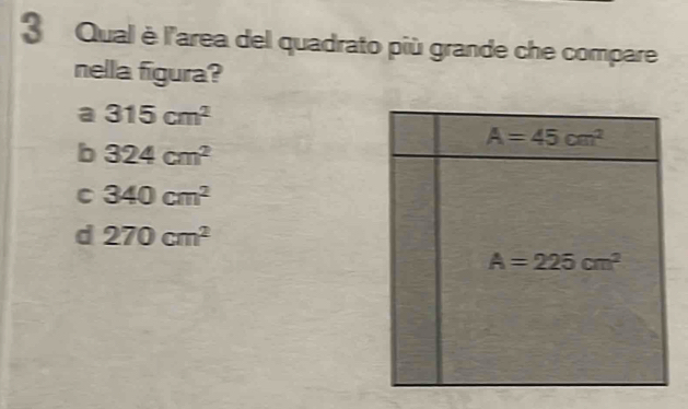 Qual è l'area del quadrato più grande che compare
nella figura?
a 315cm^2
b 324cm^2
C 340cm^2
d 270cm^2