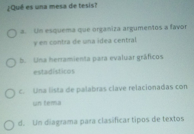 ¿Qué es una mesa de tesis?
a. Un esquema que organiza argumentos a favor
y en contra de una idea central
b. Una herramienta para evaluar gráficos
estadísticos
c. Una lista de palabras clave relacionadas con
un tema
d. Un diagrama para clasificar tipos de textos