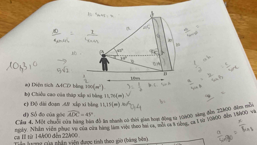 (A 45°
10°
B
10m
a) Diện tích △ ACD bằng 100(m^2). 
b) Chiều cao của tháp xấp xỉ bằng 11,76(m). 
c) Độ dài đoạn AB xấp xỉ bằng 11,15(m) M 
d) Số đo của góc widehat ADC=45°. 
đồ ăn nhanh có thời gian hoạt động từ 10h00 sáng đến 22h00 đêm mỗi 
gày. Nhân viên phục vụ của cứa hàng làm việc theo hai ca, mỗi ca 8 tiếng, ca I từ 10k00 đến 18h00 và 
Câu 4. Một chuỗi cư 
ca II từ 14h00 đến 22h00. 
Tiền lượng của nhân viên được tính theo giờ (bảng bên).