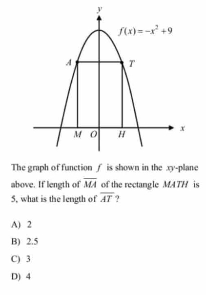 The graph of function f is shown in the xy-plane
above. If length of overline MA of the rectangle MATH is
5, what is the length of overline AT ?
A) 2
B) 2.5
C) 3
D) 4