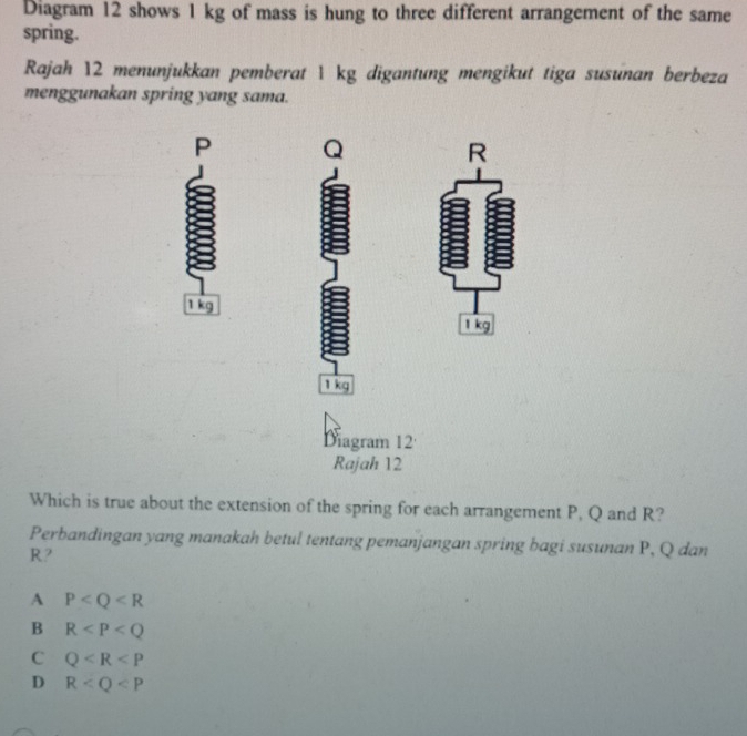 Diagram 12 shows 1 kg of mass is hung to three different arrangement of the same
spring.
Rajah 12 menunjukkan pemberat 1 kg digantung mengikut tiga susunan berbeza
menggunakan spring yang sama.
P Q
R
1 kg
1 kg
1 kg
Diagram 12
Rajah 12
Which is true about the extension of the spring for each arrangement P, Q and R?
Perbandingan yang manakah betul tentang pemanjangan spring bagi susunan P, Q dan
R?
A P
B R
C Q
D R