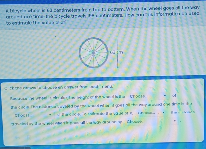 Solved: A bicycle wheel is 63 centimeters from top to bottom. When the ...