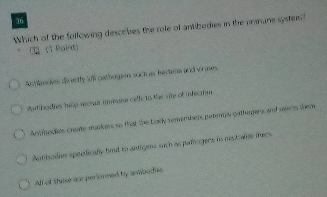 Which of the following describes the role of antibodies in the immune system?
(1 Point)
Antibodies directly kill pathogens such as bacteria and viruses.
Antibodies help recruit immune cells to the site of infection.
Antibodies create markers so that the body remembers potential pathogens and rejects them
Antibodies specifically bind to antigens such as pathogens to neutralize them.
All of these are performed by antibodies.