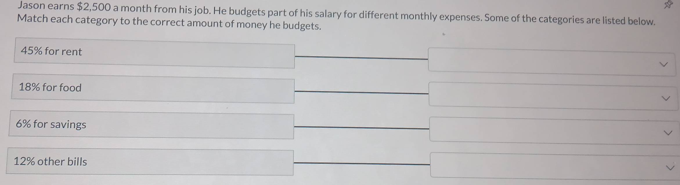 Jason earns $2,500 a month from his job. He budgets part of his salary for different monthly expenses. Some of the categories are listed below.
Match each category to the correct amount of money he budgets.
45% for rent
18% for food
6% for savings
12% other bills