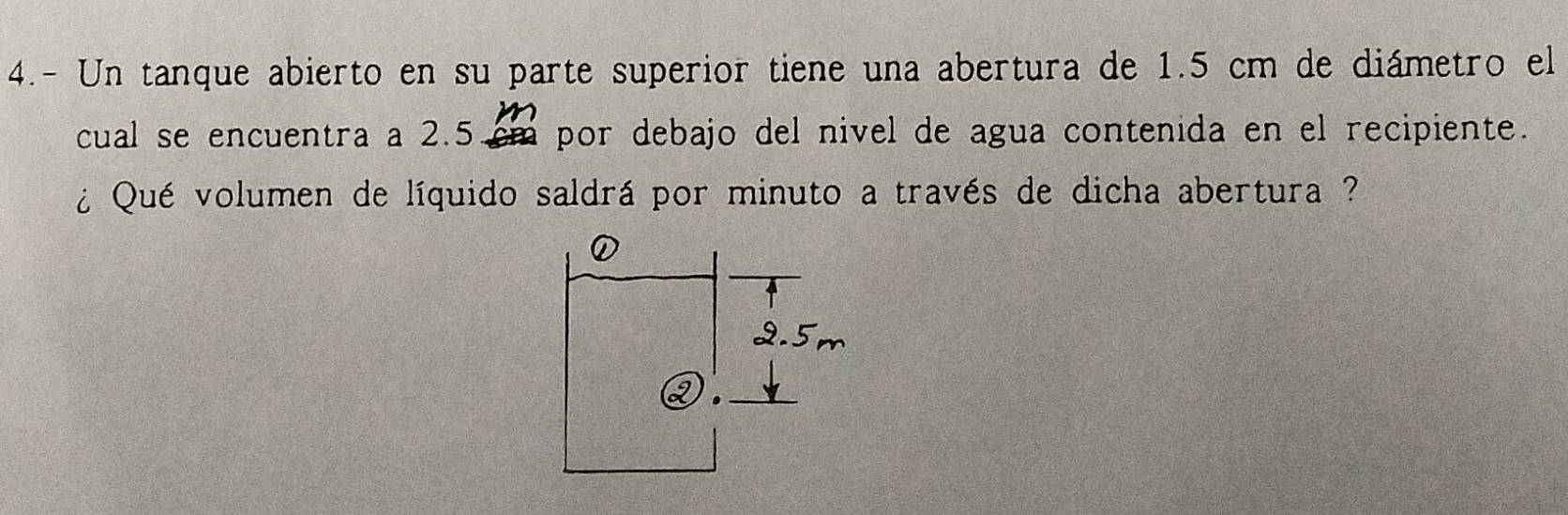 4.- Un tanque abierto en su parte superior tiene una abertura de 1.5 cm de diámetro el 
cual se encuentra a 2.5 em por debajo del nivel de agua contenida en el recipiente. 
¿ Qué volumen de líquido saldrá por minuto a través de dicha abertura ?