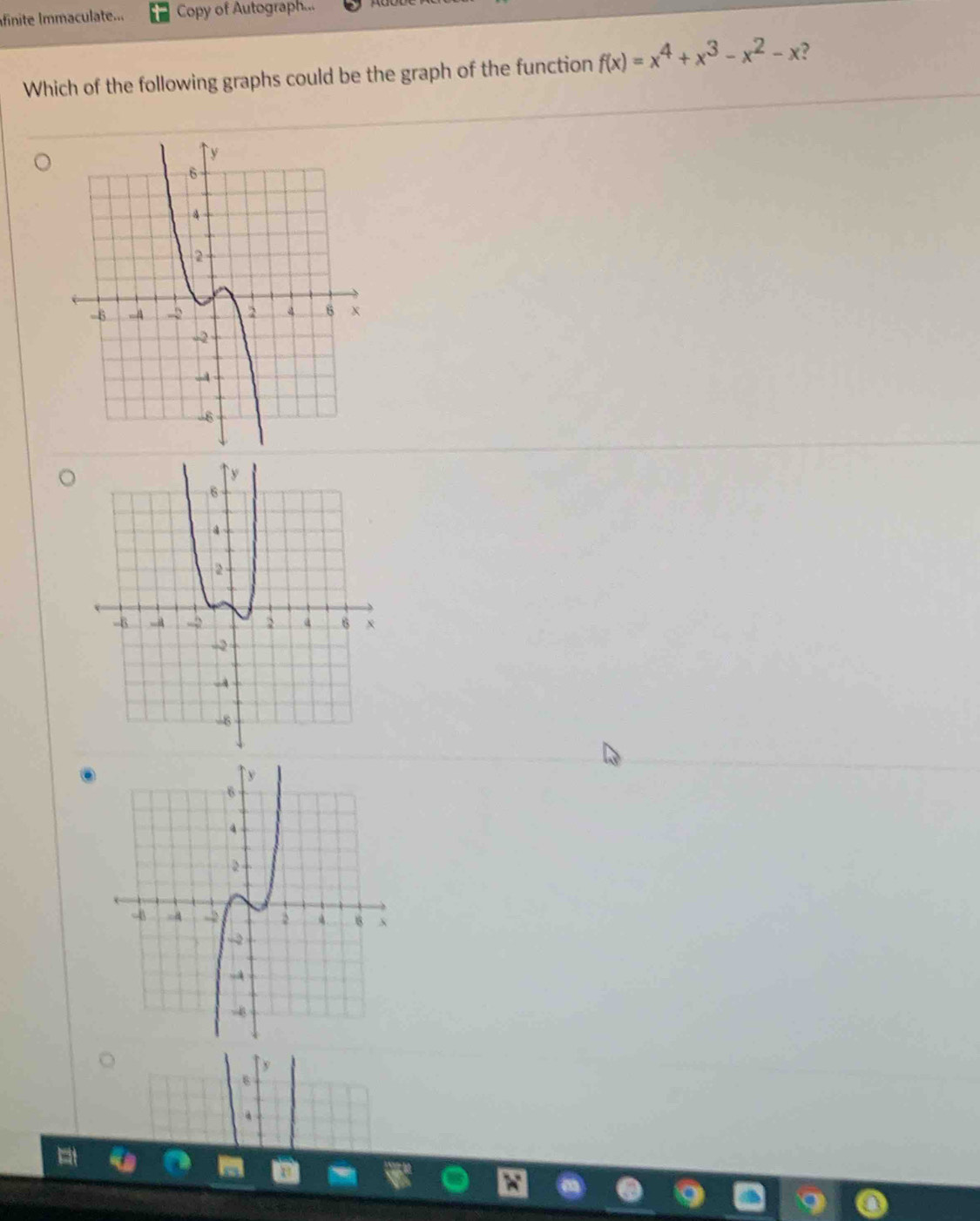 finite Immaculate... Copy of Autograph... 
Which of the following graphs could be the graph of the function f(x)=x^4+x^3-x^2-x ?
y.