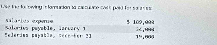 Use the following information to calculate cash paid for salaries: 
Salaries expense $ 189,000
Salaries payable, January 1 34,000
Salaries payable, December 31 19,000