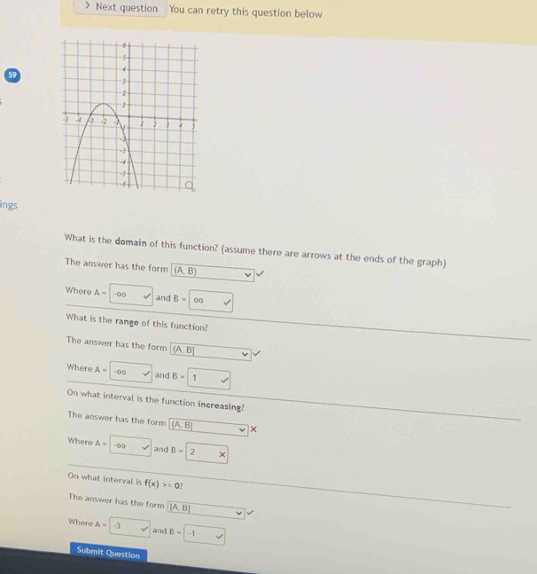 Next question You can retry this question below
59
ings
What is the domain of this function? (assume there are arrows at the ends of the graph)
The answer has the form (A,B)
Where A= - 0 () and B=100
What is the range of this function?
The answer has the form (A,B)
Where A= -(α) ① and B= * v 
On what interval is the function increasing?
The answer has the form (A,B)
Where A= -00 and B=2*
On what interval is f(x)>=0 ?
The answer has the form [A,B]
Where A=-3 y and B=-1
Submit Question