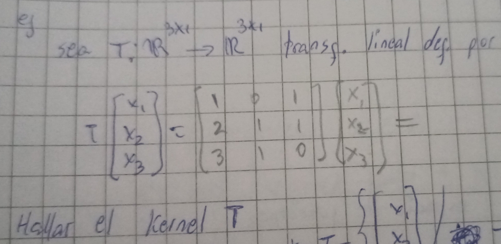 eg
sele T;7R^(3x1)to IR^(3x1) teaps. Vineal dy plo
Tbeginbmatrix x_1 x_2 x_3endbmatrix =beginbmatrix 1&0&1 2&1&1 3&1&0endbmatrix beginbmatrix x_3 x_3 xendbmatrix =
Hollar el KernelT beginarrayr  |x xendarray