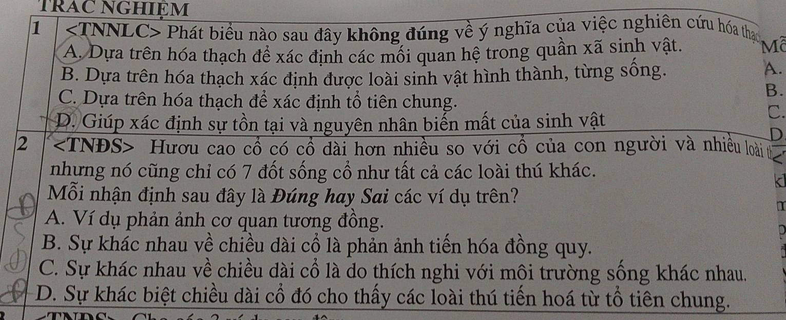 TRAC NGHIỆM
1 Phát biểu nào sau đây không đúng về ý nghĩa của việc nghiên cứu hóa thao
A. Dựa trên hóa thạch để xác định các mối quan hệ trong quần xã sinh vật.
Mã
B. Dựa trên hóa thạch xác định được loài sinh vật hình thành, từng sống.
A.
B.
C. Dựa trên hóa thạch để xác định tổ tiên chung.
D. Giúp xác định sự tồn tại và nguyên nhân biển mất của sinh vật
C.
D
2 ∠ TND S> Hươu cao cổ có cổ dài hơn nhiều so với cổ của con người và nhiều loài t
nhựng nó cũng chỉ có 7 đốt sống cổ như tất cả các loài thú khác.
Mỗi nhận định sau đây là Đúng hay Sai các ví dụ trên?
a
A. Ví dụ phản ảnh cơ quan tương đồng.
B. Sự khác nhau về chiều dài cổ là phản ảnh tiến hóa đồng quy.
C. Sự khác nhau về chiều dài cổ là do thích nghi với môi trường sống khác nhau.
D. Sự khác biệt chiều dài cổ đó cho thấy các loài thú tiến hoá từ tổ tiên chung.