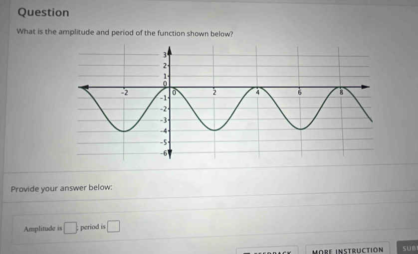 Question 
What is the amplitude and period of the function shown below? 
Provide your answer below: 
Amplitude is □; period is □ 
MORE INSTRUCTION SUB