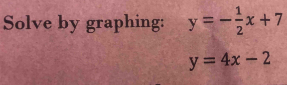 Solve by graphing: y=- 1/2 x+7
y=4x-2