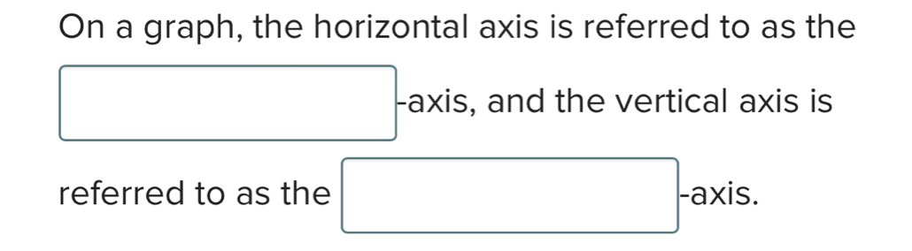 On a graph, the horizontal axis is referred to as the
□. -axis, and the vertical axis is 
referred to as the □ -axis.