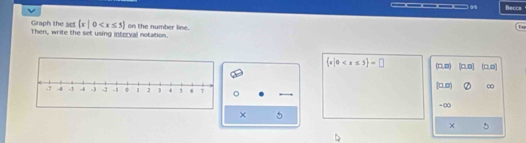 0/3 Beccn
Graph the set  x|0 on the number line.
Us
Then, write the set using interval notation.
 x|0 (□ ,□ ) □ . □ (□ ,□ )
(□ ,□ ) ∞
。
-∞
×
×