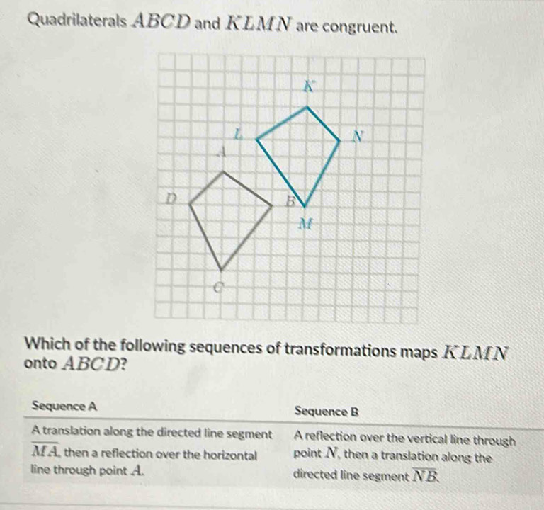 Quadrilaterals ABCD and KLMN are congruent.
Which of the following sequences of transformations maps KLM N
onto ABCD?
Sequence A Sequence B
A translation along the directed line segment A reflection over the vertical line through
overline MA , then a reflection over the horizontal point N, then a translation along the
line through point A. directed line segment overline NB