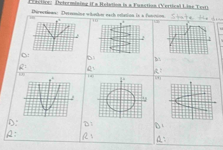 Practice: Determining if a Relation is a Function (Vertical Line Test) 
Directions: Determine whether each relation is a function. 
10 12) 
xo 
a 
` 
13) 14
15)