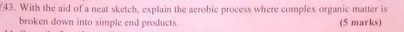 With the aid of a neat sketch, explain the acrobic process where complex organic matter is 
broken down into simple end products. (5 marks)