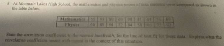 At Mountain Lakes High School, the mathematics and physics scores of uhe audents wese compared as shown in 
the table below. 
Sume the correlation coefficrent, in the rearest hndredth, for the lime of best fit for these data Explam what the 
correlation confficient mens with megaed to the context of this situation.