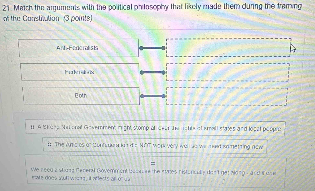 Match the arguments with the political philosophy that likely made them during the framing
of the Constitution (3 points)
7
Anti-Federalists
Federalists
Both
A Strong National Government might stomp all over the rights of small states and local people
The Articles of Confederation did NOT work very well so we need something new
::
We need a strong Federal Government because the states historically don't get along - and if one
state does stuff wrong, it affects all of us