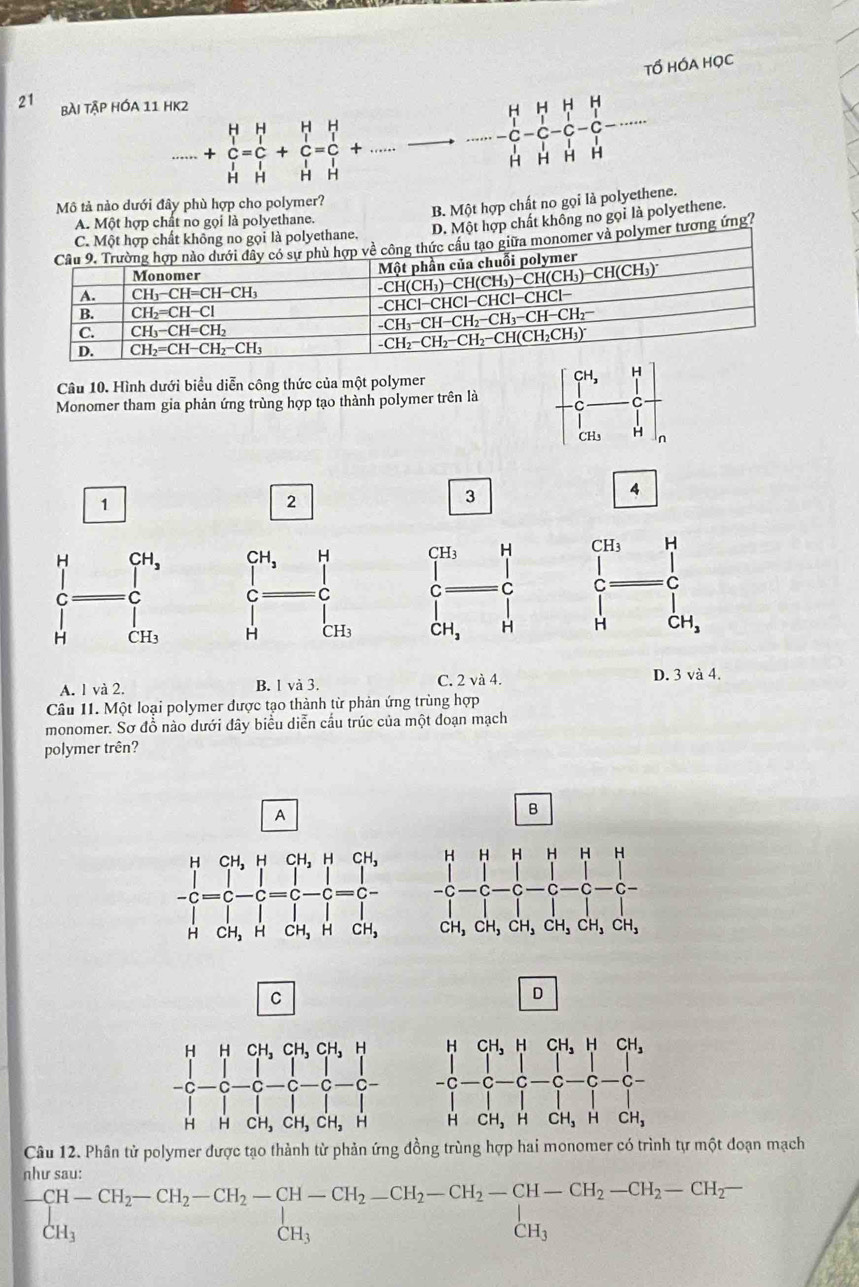 tổ hóa học
21 bài tập hóa 11 HK2
H H
H
H H
11
□ 
H H H
Mô tả nào dưới đây phù hợp cho polymer?
B. Một hợp chất no gọi là polyethene.
A. Một hợp chất no goi là polyethane.
D. Một hợp chất không no gọi là polyethene.
C. Một hợp chất không no gọi là polyethane.
c cấu tạo giữa monomer và polymer tương ứng?
Câu 10. Hình dưới biểu diễn công thức của một polymer
Monomer tham gia phản ứng trùng hợp tạo thành polymer trên là
1
2
3
4
H CH_3 CH_3 H C H CH_3 H
C C C. | H_3^((□) .
□)
C C C C = C
|
H CH_3 H CH_3 CH_3 H H CH_3
A. 1 và 2. B. 1 và 3. C. 2va4. D. 3 và 4.
Câu 11. Một loại polymer được tạo thành từ phản ứng trùng hợp
monomer. Sơ đồ nào dưới đây biều diễn cầu trúc của một đoạn mạch
polymer trên?
A
B
C
D
beginarrayr HCH_3HCH_2HCH_3 -C-C-C-C-C-C-C- CH&CH_3H+H&CH-C-endarray
Câu 12. Phân tử polymer được tạo thành từ phản ứng đồng trùng hợp hai monomer có trình tự một đoạn mạch
như sau:
beginarrayr CH-CH_2-CH_2-CH_2-CH-CH_2-CH_2-CH_2-CH-CH_2-CH_2-CH_2-CH_2-CH_2-CH_2-CH_2H_CH_3 CH_3endarray 