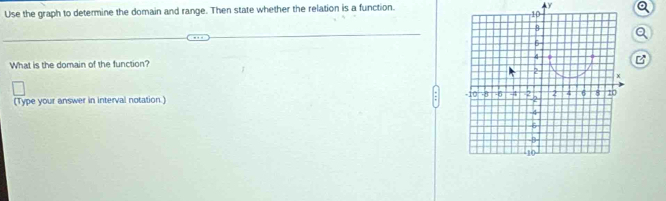 Use the graph to determine the domain and range. Then state whether the relation is a function.
y
10
8
5
4
What is the domain of the function?
2 -
x
-10 -8 -6 -4 -2
(Type your answer in interval notation.) -2 2 4 6 8 10
4
5
-8
10