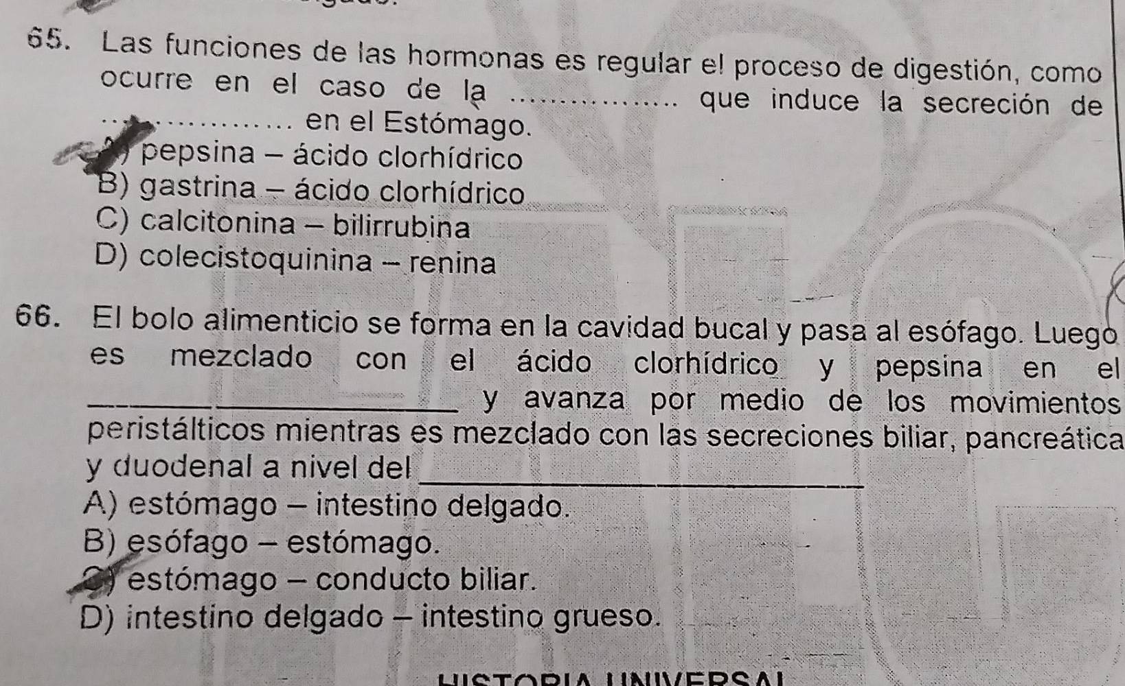 Las funciones de las hormonas es regular el proceso de digestión, como
_
ocurre en el caso de lạa ............ que induce la secreción de
_en el Estómago.
O pepsina - ácido clorhídrico
B) gastrina - ácido clorhídrico
C) calcitonina - bilirrubina
D) colecistoquinina - renina
66. El bolo alimenticio se forma en la cavidad bucal y pasa al esófago. Luego
es mezclado con el ácido clorhídrico y pepsina en el
_y avanza por medio de los movimientos
peristálticos mientras es mezclado con las secreciones biliar, pancreática
y duodenal a nivel del _
A) estómago - intestino delgado.
B) esófago - estómago.
) estómago - conducto biliar.
D) intestino delgado - intestino grueso.