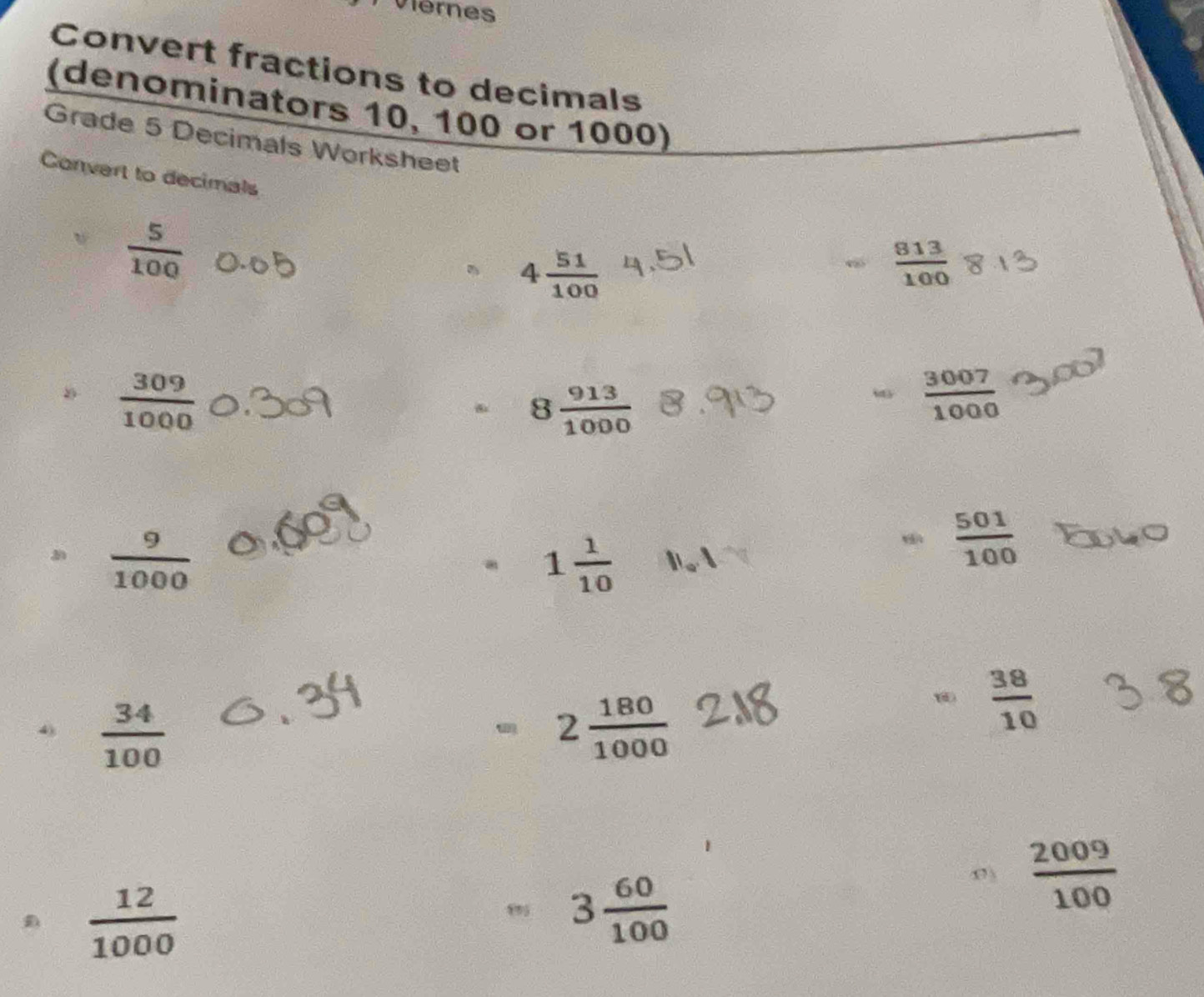 Pviernes 
Convert fractions to decimals 
(denominators 10, 100 or 1000) 
Grade 5 Decimals Worksheet 
Convert to decimals
 5/100 
4 51/100 
 813/100 
 309/1000 
8 913/1000 
 3007/1000 
frac 1(15)^
 3/4 -1  9/1000 
1 1/10 
 501/100 
4)  34/100  =2 180/1000 
 38/10 
0  2009/100 
D  12/1000 
3 60/100 