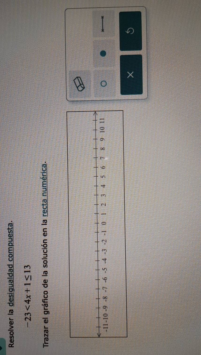 Resolver la desigualdad compuesta.
-23<4x+1≤ 13
Trazar el gráfico de la solución en la recta numérica. 
。 
×