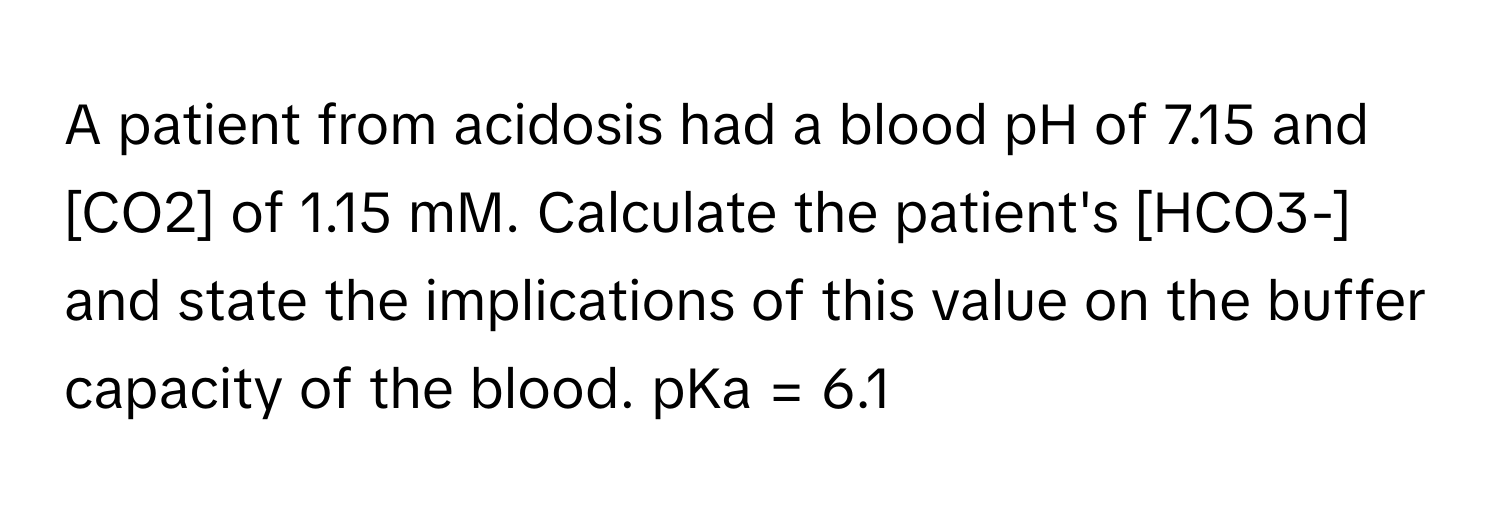 A patient from acidosis had a blood pH of 7.15 and [CO2] of 1.15 mM. Calculate the patient's [HCO3-] and state the implications of this value on the buffer capacity of the blood. pKa = 6.1