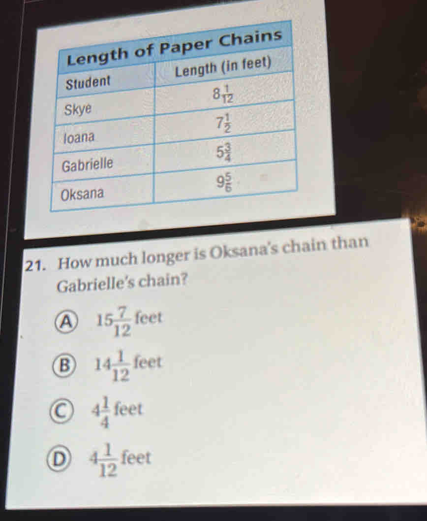 How much longer is Oksana's chain than
Gabrielle's chain?
A 15 7/12 feet
B 14 1/12 feet
a 4 1/4 feet
D 4 1/12  feet