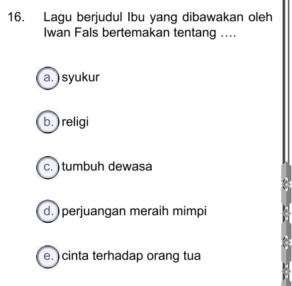 Lagu berjudul Ibu yang dibawakan oleh
Iwan Fals bertemakan tentang ....
a. ) syukur
b. ) religi
c.) tumbuh dewasa
d. ) perjuangan meraih mimpi
e. ) cinta terhadap orang tua